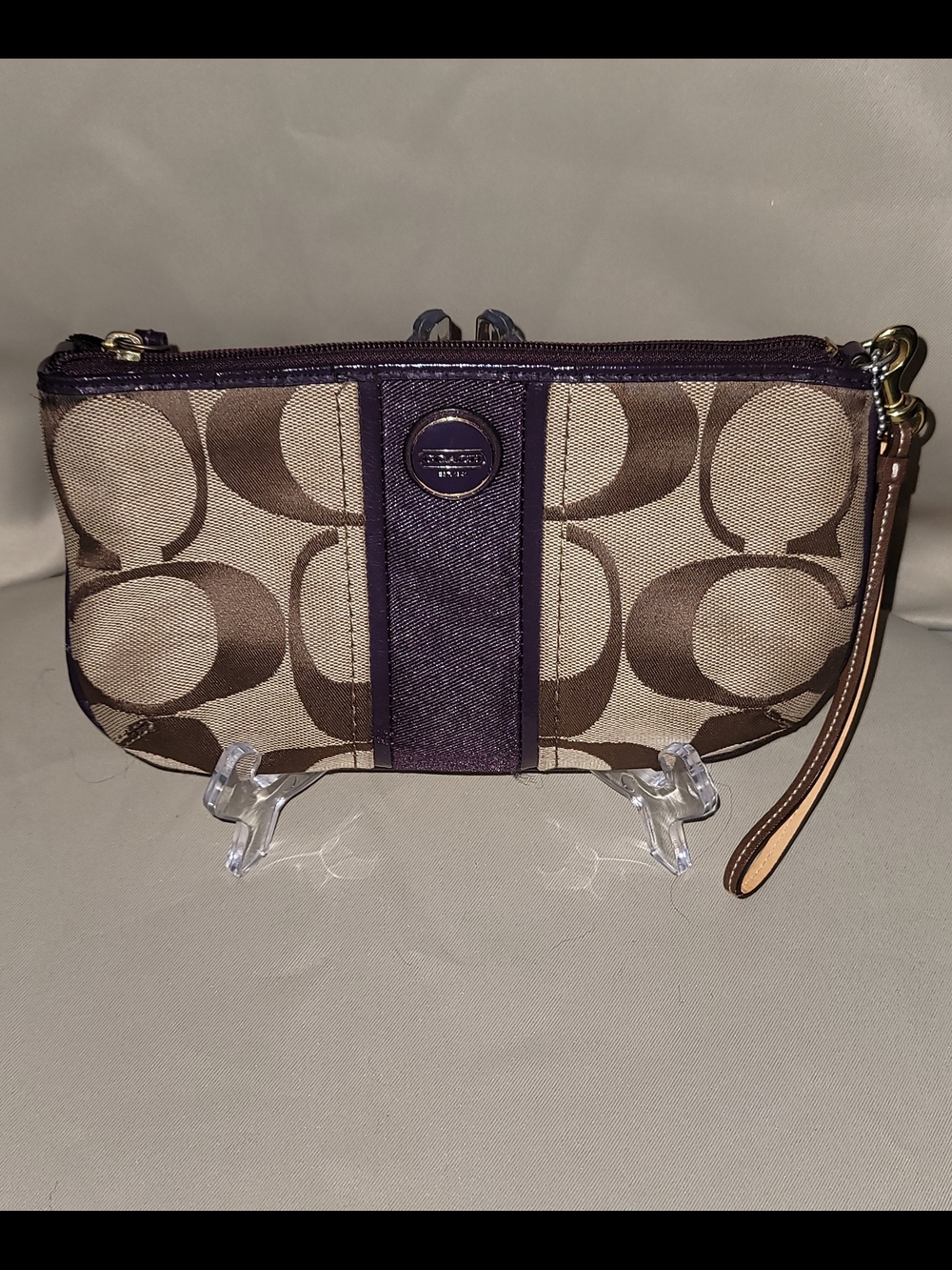 Coach Signature Canvas Wristlet in Brown and Purple